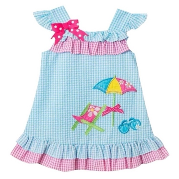 Rare Editions Beach Chair Blue White Gingham Seersucker Ruffled Dress Sz 24 mo - Picture 1 of 13